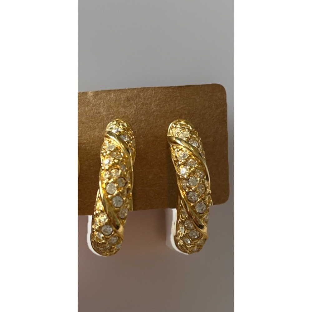 Gold Tone Crystal Pavé Twisted Half Hoop Earrings C-Shape Studs Vintage Style